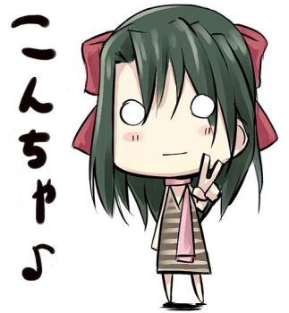 00s 1girl blush bow chibi dress exif_thumbnail_surprise female_focus green_hair hair_bow hair_ornament kiyoura_setsuna kyo_(kuroichigo) long_hair looking_at_viewer musical_note o_o scarf school_days solo standing text_focus v