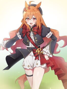 1girl ahoge animal_ears armband beret black_gem black_jacket black_skirt blush bow breasts commentary_request ear_bow frilled_armband frilled_shirt frills gem hair_between_eyes hair_ornament hat highres horse_ears horse_girl horse_tail jacket long_hair looking_at_viewer mtks119529 open_mouth orange_hair orange_tail red_bow red_sash ribbon royal_family_(the_royal_family) sash shirt shorts skirt smile tail the_royal_family_(tv_series) thigh_strap white_shirt white_shorts