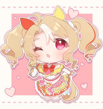 1girl absurdres ahoge animal_ears bandeau bare_shoulders blonde_hair blush bow breasts chibi chibi_only detached_collar ear_covers fusaichi_pandora_(assorted_cuteness)_(umamusume) fusaichi_pandora_(umamusume) hair_between_eyes hair_ornament heart highres horse_ears horse_girl horse_tail kurumiya_(krmy_p) long_hair looking_at_viewer midriff mismatched_ear_covers multicolored_hair navel one_eye_closed open_mouth red_bow red_eyes skirt solo tail twintails umamusume white_bandeau