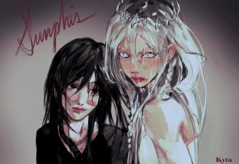 Rule 34 | 1boy, 1girl, aegyo sal, black eyes, black hair, black shirt, braid, character name, chest markings, commentary, crown, dress, english commentary, hair between eyes, head tilt, height difference, hetero, highres, kyta 5, lipstick, lipstick mark, long hair, looking at another, looking at viewer, makeup, nephis (shadow slave), parted lips, red lips, shadow slave, shirt, smeared lipstick, smile, sunny (shadow slave), upper body, white dress, white eyes