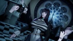 1girl 2024 3d animated architecture arino_rio_(ria_arino0707) arms_at_sides arms_up ascot audible_music audible_speech bags_under_eyes black_boots black_coat black_eyeshadow black_lips black_nails black_shirt black_trim blue_eyes blue_pantyhose boots breasts buttons checkered_floor claw_pose coat coat_dress collarbone dress drum_magazine ewhitewolf extra_arms eyeshadow female_focus frilled_sleeves frills full_body gothic_architecture groin_tendon heattech_leotard height_difference high_heel_boots high_heels highleg highleg_leotard highres hime_cut huge_filesize japanese_audio jiggle kuro_(under_the_witch) large_breasts legs_together leotard long_coat long_hair long_sleeves looking_at_viewer magazine_(weapon) makeup multiple_views music nail_polish numericgazer open_clothes open_coat pale_skin pantyhose reloading shirt simple_background sound standing straight_hair striped_clothes striped_shirt tall_female tareme thick_lips thick_thighs thigh_boots thigh_strap thighs two-tone_shirt under_the_witch vest video walking white_ascot white_shirt white_trim white_vest wide_hips