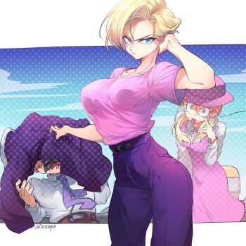 1boy 2girls android android_18 blonde_hair blue_eyes blue_sky border breasts day dragon_ball dragon_ball_gt dress dress_shirt eyelid_pull facial_hair father_and_daughter grey_hair hand_in_own_hair hat husband_and_wife imminent_fight jacket kuririn large_breasts long_hair long_sleeves looking_at_viewer low_twintails marron_(dragon_ball) mature_female mother_and_daughter multiple_girls mustache necktie official_alternate_costume ommmyoh pants pink_dress pink_hat pink_shirt purple_necktie purple_pants shirt short_hair short_sleeves sky tongue tongue_out twintails twitter_username undershirt unworn_jacket white_border
