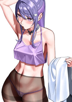 1girl absurdres arm_up armpits black_choker blush breasts choker cleavage collarbone commentary covered_erect_nipples crop_top groin hair_ornament hair_tie hair_tie_in_mouth hand_in_own_hair highres holding holding_shirt holding_unworn_clothes ksp_(vtuber) linea_alba long_hair long_sidelocks medium_breasts meridian_project mouth_hold navel panties parted_bangs purple_eyes purple_hair ryoyu_(ryoyustarlight) shirt side_part sideboob sidelocks simple_background solo standing sweat thong thong_panties tying tying_hair underwear unworn_shirt virtual_youtuber white_background