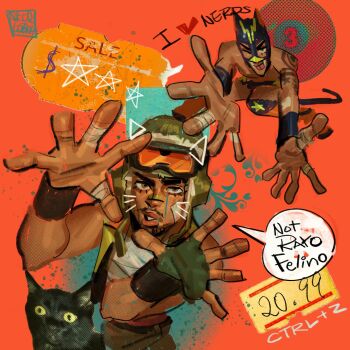 &gt;_o 1boy :p animal_ears arm_tattoo artist_logo ball bandaged_fingers bandages bandaid bandaid_on_face bandaid_on_nose billiard_ball black_mask cat cat_ears cat_tail claw_pose collage_background commentary cowboy_shot drawn_ears drawn_star drawn_whiskers english_commentary english_text eyebrow_cut eyewear_on_head facial_hair fake_animal_ears fake_tail fingerless_gloves flourish_(design) from_above frutiger_aero full_body gauze gauze_on_arm gauze_on_cheek gloves goatee green_eyes green_gloves green_mask green_pants green_vest hands_up hashtag-only_commentary hat highres i_heart... knee_pads logo looking_at_viewer multiple_views mustache one_eye_closed open_clothes open_hands open_vest orange-tinted_eyewear orange_background original pants parted_lips price_tag safety_glasses shirt single_fingerless_glove skcd_loen sketch speech_bubble star_(symbol) star_print tail tan tattoo teeth tinted_eyewear tongue tongue_out two-tone_mask ushanka vest white_shirt wrestler wrestling_mask wrestling_outfit