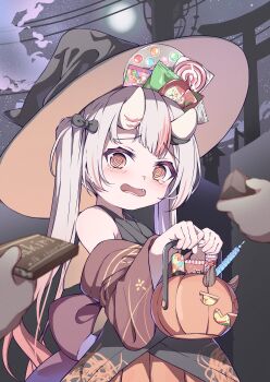 Rule 34 | 1girl, 2others, @ @, absurdres, adapted costume, alternate hairstyle, bare shoulders, black hat, black kimono, candy, center-flap bangs, chocolate, chocolate bar, commentary request, cowboy shot, embarrassed, fang, food, gradient hair, grey hair, hair between horns, halloween, halloween bucket, halloween costume, happy halloween, hat, highres, holding, holding halloween bucket, hololive, horns, japanese clothes, kimono, kyouwashi, long hair, multicolored hair, multiple others, nakiri ayame, nakiri ayame (1st costume), night, off shoulder, oni, orange eyes, outdoors, red hair, red kimono, red streaks, sky, sleeveless, sleeveless kimono, solo focus, star (sky), starry sky, streaked hair, tearing up, twintails, virtual youtuber, witch hat