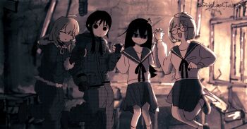 4girls absurdres ahoge ankle_socks black_eyes black_hair blonde_hair bob_cut bocchi_the_rock! boots chito_(shoujo_shuumatsu_ryokou) closed_eyes coat dithering food food_on_head fried_egg full_body fur-trimmed_coat fur_trim girlslasttuah gloves green_coat green_pants hair_between_eyes highres holding_another&#039;s_arm holding_hands hood hooded_coat interlocked_fingers jacket jaggy_lines jumping knees_together_feet_apart leg_up long_hair long_sleeves looking_at_viewer low_twintails military_jacket military_uniform multiple_girls mushroom_on_head muted_color neckerchief object_on_head pants parody pleated_skirt ribbon round_eyewear ruins scene_reference school_uniform serafuku shaded_face shimeji_simulation shirt shoujo_shuumatsu_ryokou skirt socks standing standing_on_one_leg tsukishima_shijima twintails twitter_username white_shirt white_socks yamashita_majime yuuri_(shoujo_shuumatsu_ryokou)