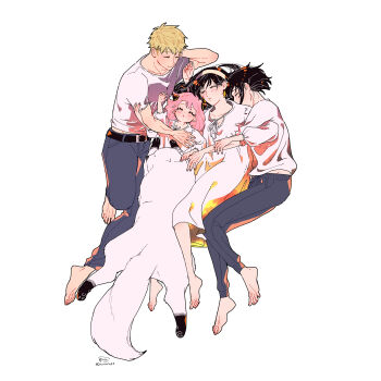 Rule 34 | 2boys, 2girls, absurdres, animal, anya (spy x family), awarinko, barefoot, belt, belt buckle, black belt, black hair, blonde hair, bond (spy x family), brother and sister, brown hairband, buckle, closed eyes, closed mouth, dog, dress, grey pants, hairband, highres, long sleeves, multiple boys, multiple girls, pants, parted lips, pink hair, puffy long sleeves, puffy short sleeves, puffy sleeves, shirt, short sleeves, siblings, signature, simple background, smile, spy x family, twilight (spy x family), twitter username, white background, white dress, white shirt, yor briar, yuri briar