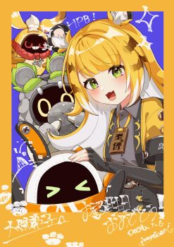 >_< 1girl animal_ear_fluff animal_ears ball bangboo_(zenless_zone_zero) belion_(zenless_zone_zero) black_shorts blue_background blush border colored_inner_hair commentary_request eous_(zenless_zone_zero) fang green_eyes grey_shirt high-waist_shorts highres holding holding_ball jacket ju_fufu long_hair looking_at_viewer multicolored_hair open_mouth orange_border shirt shorts sparkling_eyes striped_fur striped_hair tiger_ears tiger_girl tiger_stripes umi_1125peinter yellow_jacket zenless_zone_zero