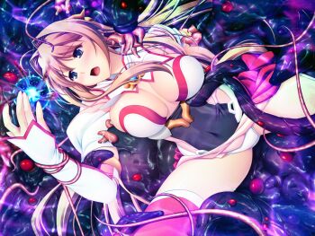 1girl angel_tear blonde_hair blue_eyes blush breasts brown_hair chest_jewel cleavage game_cg imminent_rape large_breasts large_variant_set leotard long_hair magical_girl maishima_yuri nerawareta_megami_tenshi_angel_tear non-web_source official_art open_mouth panties restrained skirt solo spread_legs tentacles thighhighs torn_clothes tsukumo_kazuita underwear variant_set white_panties