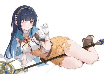 1girl :&lt; arm_support belt between_thighs black_hair blue_cape blue_hair blunt_bangs breasts brown_belt brown_sandals cape cleavage closed_mouth clothing_cutout colored_inner_hair commentary cross-shaped_pupils dress full_body gloves highres i!roha lace lace-trimmed_gloves lace_trim lying medium_breasts multicolored_hair nazuka_(stella_sora) on_side one_eye_closed orange_dress red_eyes sandals simple_background solo staff stella_sora symbol-shaped_pupils toes two-tone_dress two-tone_hair underboob_cutout white_background white_dress white_gloves