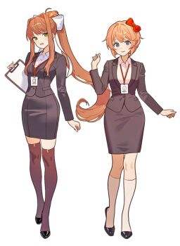 2girls aged_up black_jacket black_shoes black_skirt black_thighhighs bow commentary_request doki_doki_literature_club formal_clothes green_eyes grey_eyes hair_bow highres holding id_card jacket kneehighs korean_commentary lanyard long_hair looking_at_viewer monika_(doki_doki_literature_club) multiple_girls office_lady open_mouth pencil_skirt ponytail red_bow red_hair sayori_(doki_doki_literature_club) shirt shoes short_hair simple_background skirt socks suit thighhighs white_background white_bow white_shirt white_socks yuna_4568