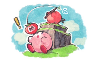 ! blue_sky cloud commentary_request day gobaku_no_hito grass kirby kirby_(series) maxim_tomato nintendo no_humans open_mouth outdoors sitting sky tomato