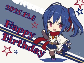 Rule 34 | 1girl, :d, artist name, assault lily, belt, belt buckle, black boots, blue cape, blue hair, blue skirt, blush, boots, brown belt, brown gloves, brown thighhighs, buckle, buttons, cape, chibi, clenched hand, colored skin, commentary request, cross, cross earrings, dated, earclip, earrings, elbow gloves, fingerless gloves, full body, gloves, grey background, hair ribbon, hand up, happy birthday, highres, hotaru (ultraroly poly), ishikawa aoi, jacket, jewelry, leg up, looking at viewer, multicolored boots, open mouth, pink eyes, pleated skirt, purple boots, red ribbon, red scarf, ribbon, ring, scarf, side cape, side ponytail, single earring, skirt, smile, solo, standing, standing on one leg, star (symbol), teeth, thigh belt, thigh strap, thighhighs, two-sided cape, two-sided fabric, two-tone background, two-tone boots, two-tone skirt, upper teeth only, white background, white belt, white cape, white jacket, white skirt