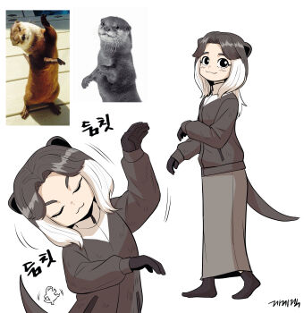 1girl :3 absurdres animal_ears artist_self-insert black_eyes brown_hair closed_eyes creature_and_personification dancing full_body gegegekman highres long_hair long_skirt long_sleeves looking_at_viewer multicolored_hair original otter otter_ears otter_girl otter_tail parted_bangs personification photo_inset reference_inset signature skirt socks tail two-tone_hair white_background white_hair zipper zipper_pull_tab
