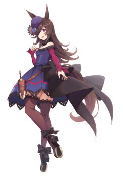 Rule 34 | 1girl, animal ears, bare shoulders, black thighhighs, blue dress, blue flower, blue hat, blue rose, blush, breasts, brown hair, commentary request, dagger, dress, flipped hair, flower, full body, fur choker, hair over one eye, hat, hat flower, highres, horse ears, horse girl, horse tail, knife, long hair, long sleeves, looking at viewer, motsutoko, off-shoulder dress, off shoulder, open mouth, purple eyes, rice shower (rosy dreams) (umamusume), rice shower (umamusume), rose, sheath, sheathed, shoes, simple background, small breasts, smile, solo, tail, thighhighs, tilted headwear, umamusume, weapon, white background