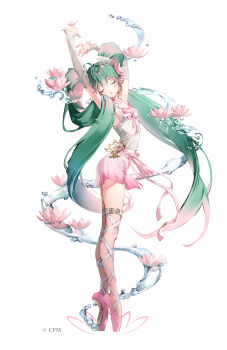 1girl absurdres ahoge anmi aqua_hair arms_up ballerina ballet ballet_slippers bare_shoulders blush choker closed_eyes commentary_request detached_sleeves en_pointe flower full_body hair_between_eyes hair_flower hair_ornament hatsune_miku highres leg_ribbon long_hair looking_at_viewer lotus open_mouth parted_lips pink_choker pink_shoes pink_skirt ribbon shoes skirt sleeveless solo standing tank_top tiptoes twintails very_long_hair vocaloid water white_tank_top