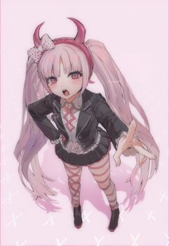 1girl blush danganronpa_(series) danganronpa_another_episode:_ultra_despair_girls fake_horns female_focus full_body highres horned_headwear horns long_hair matching_hair/eyes open_mouth pink_eyes pink_hair pink_horns pointing solo solo_focus standing teeth tongue twintails upper_teeth_only utsugi_kotoko