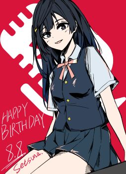 Rule 34 | 1girl, absurdres, black hair, black vest, blue skirt, breasts, character name, chinese commentary, collared shirt, commentary request, dated, grey eyes, happy birthday, highres, long hair, looking at viewer, love live!, love live! nijigasaki high school idol club, medium breasts, mixed-language commentary, neck ribbon, nijigasaki school uniform, one side up, parted lips, pink ribbon, plaid clothes, plaid skirt, qaqyes re, red background, ribbon, school uniform, shirt, short sleeves, sidelocks, sitting, skirt, solo, summer uniform, upper body, vest, white shirt, yuki setsuna