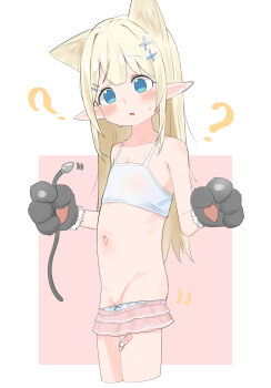 1girl ? absurdres anal_beads anal_tail animal_ears animal_hands blonde_hair blue_eyes blush bow bow_panties bra butt_plug character_request clothes_pull copyright_request cropped_legs fake_tail flat_chest gloves hair_ornament highres loli long_hair looking_at_viewer microskirt navel open_mouth panties panty_pull paw_gloves pink_background pink_skirt pointy_ears simple_background skirt skirt_pull solo tail tail_removed training_bra underwear white_bra white_panties x_hair_ornament youyoukai