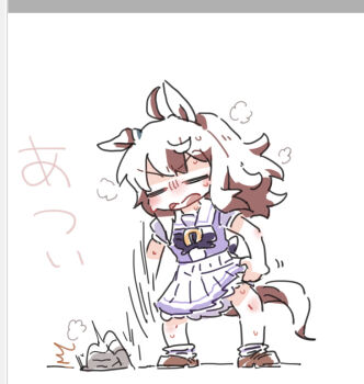 1girl ahoge animal_ears beanie beer_hsk bow brown_hair brown_shoes chibi closed_eyes grey_hat hat horse_ears horse_girl horse_tail long_hair nakayama_festa_(umamusume) open_mouth pleated_skirt puffy_short_sleeves puffy_sleeves purple_bow purple_shirt school_uniform shirt shoes short_sleeves skirt socks solo standing sweat tail throwing tracen_school_uniform umamusume unworn_hat unworn_headwear v-shaped_eyebrows wavy_mouth white_skirt white_socks