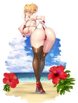 Rule 34 | 1girl, alternate hairstyle, aoi nagisa (metalder), ass, ass focus, beach, bikini, blonde hair, blue sky, breasts, breasts out, butt crack, clothes pull, curvy, flower, full body, glasses, hand on own hip, high heels, highleg, highres, huge ass, huge breasts, jewelry, kosaka shizuru, lilith-soft, long hair, looking back, nail polish, necklace, nipples, one-piece swimsuit pull, pantyhose, ponytail, puffy nipples, red bikini, self wedgie, shiny skin, side-tie bikini bottom, skindentation, sky, solo, sweat, swimsuit, taimanin (series), taimanin asagi, taimanin rpgx, taimanin yukikaze, tattoo, thong, thong bikini, very long hair, wedgie, wide hips