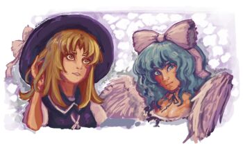 black_hat blonde_hair blue_eyes blue_hair bow commentary dress english_commentary feathered_wings hair_bow hair_ribbon hat hat_bow mai_(touhou) multiple_girls niko_rausu puffy_short_sleeves puffy_sleeves ribbon shirt short_hair short_sleeves smile touhou touhou_(pc-98) white_bow white_dress white_shirt white_wings wings yellow_eyes yuki_(touhou)