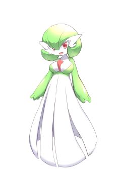 Rule 34 | 1girl, arms at sides, bob cut, breasts, colored skin, female focus, full body, gardevoir, gen 3 pokemon, green hair, green skin, hair between eyes, medium breasts, multicolored skin, neapozi, nintendo, pokemon, shiny skin, short hair, simple background, solo, standing, two-tone skin, white background, white skin