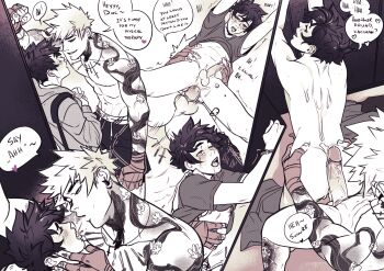 2boys anal bakugou_katsuki boku_no_hero_academia couple cum cum_on_back cum_on_body english_text erection heart height_difference highres large_penis male_focus male_penetrated midoriya_izuku multiple_boys multiple_tattoos penis penis_size_difference sex sex_from_behind shirt short_hair spacenipnops speech_bubble spiked_hair spitting_in_another&#039;s_mouth standing standing_sex tattoo testicles yaoi