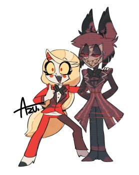 1boy 1girl alastor_(hazbin_hotel) arms_behind_back artist_name azu_(kirara310) blonde_hair charlie_morningstar colored_sclera colored_skin commentary derivative_work formal_clothes grin hazbin_hotel height_difference hellaverse highres long_hair looking_at_viewer red_eyes red_hair screenshot_redraw sharp_teeth short_hair simple_background smile symbol-only_commentary teeth thumbs_up white_background white_skin yellow_sclera