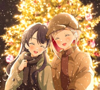 2girls :d ^_^ absurdres black_hair black_scarf blurry blurry_background bob_cut brown_coat brown_hat brown_sweater christmas christmas_tree closed_eyes coat colored_inner_hair commentary_request dating diagonal_bangs dollchestra fur_hat green_jacket half_updo hat highres inverted_bob jacket kujo_awenn link!_like!_love_live! long_hair long_sleeves love_live! multicolored_hair multiple_girls murano_sayaka murano_sayaka_(winter_casual) open_clothes open_coat open_mouth outdoors red_hair scarf smile snowing sweater turtleneck turtleneck_sweater upper_body virtual_youtuber white_hair yugiri_tsuzuri yugiri_tsuzuri_(winter_casual) yuri