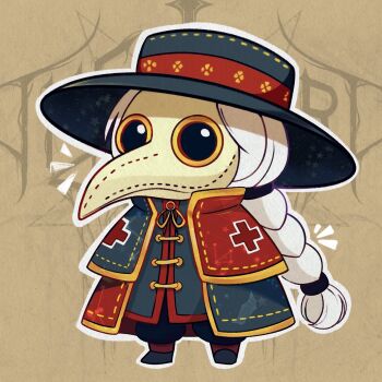 Rule 34 | 1girl, ^^^, alternate costume, bird mask, braid, capelet, chibi, chibi only, cloak, coat, constellation print, covered face, cross, gold trim, hair tie, hat, highres, layered clothes, long coat, long hair, mask, mis-aesthetics, outline, patterned clothing, plague doctor, plague doctor mask, red cross, red trim, simple background, solo, standing, touhou, very long hair, white hair, white outline, yagokoro eirin