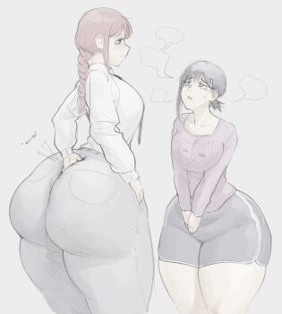 2girls arm_behind_back ass between_buttocks black_hair chainsaw_man collarbone denim higashiyama_kobeni highres huge_ass jeans makima_(chainsaw_man) multiple_girls pants red_hair scratching scratching_ass shirt short_shorts shorts w0m1