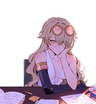 1girl bare_shoulders blonde_hair body_freckles book breasts bvbu collarbone commentary english_commentary freckles genshin_impact goggles goggles_on_head hand_on_own_cheek hand_on_own_face head_rest highres jahoda_(genshin_impact) long_hair open_book paper pencil shoulder_freckles sidelighting simple_background small_breasts solo upper_body wavy_hair white_background yellow_eyes