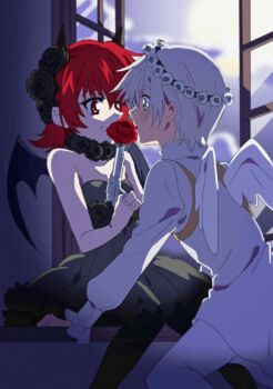 Rule 34 | 1boy, 1girl, black dress, black flower, black rose, demon wings, dress, fake wings, flower, fumiko (mesushi), gun, halloween, handgun, iria animi, red eyes, red flower, red hair, red rose, revolver, rose, ruca milda, short hair, skirt, smile, tales of (series), tales of innocence, very short hair, weapon, white hair, wings