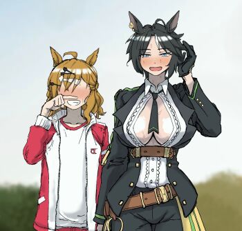 Rule 34 | 2girls, animal ears, black hair, blue eyes, blush, breasts, brown hair, business suit, commentary request, faceless, faceless female, flustered, formal clothes, fuji kiseki (umamusume), gloves, highres, holding hands, horse ears, horse girl, implied after sex, implied sex, implied yuri, jersey, jungle pocket (umamusume), korean commentary, large breasts, looking at viewer, multiple girls, no bra, oladohamm, short hair, suit, sweat, sweatdrop, tall female, tomboy, tracen training uniform, tuxedo, umamusume, yuri
