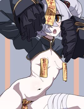 1girl :o alternate_costume alternate_hairstyle areola_slip arms_up bandaged_leg bandages black_shrug blue_archive breasts brown_eyes frilled_sleeves frills grey_hair hair_between_eyes hair_bun hair_over_one_eye highres jiangshi jiangshi_costume kanoe_(blue_archive) loli long_sleeves looking_at_viewer maebari navel ofuda ofuda_on_head ofuda_on_nipples ofuda_on_pussy one_eye_covered open_mouth pasties scar scar_on_breasts scar_on_face scar_on_neck shrug_(clothing) sleeves_past_fingers sleeves_past_wrists small_breasts solo stitched_torso stitches stomach talisman tamaya thighs two_side_up