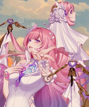 2girls bare_shoulders bell blue_sky breasts commentary company_connection cyrene_(honkai:_star_rail) cyrene_(ripples_of_past_reverie)_(honkai:_star_rail) diamond-shaped_pupils diamond_(shape) dress elysia_(herrscher_of_human:_ego)_(honkai_impact) elysia_(honkai_impact) english_commentary highres honkai:_star_rail honkai_(series) honkai_impact_3rd inoue_marina large_breasts long_hair multicolored_hair multiple_girls outdoors pink_hair pinkuma pointy_ears purple_eyes sky symbol-shaped_pupils twitter_username two-tone_hair very_long_hair voice_actor_connection white_dress white_hair yanning