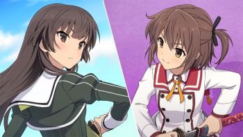 2girls blunt_bangs brown_hair closed_mouth day dress etou_kanami frown game_cg green_dress heijou_institute_school_uniform holding holding_sheath holding_sword holding_weapon juujou_hiyori katana long_hair long_sleeves minoseki_gakuin_uniform multiple_girls non-web_source one_side_up orange_eyes orange_ribbon red_eyes red_sailor_collar ribbon sailor_collar school_uniform sheath short_hair sidelocks sleeve_cuffs smile split_screen standing sword toji_no_miko toji_no_miko:_kizamishi_issen_no_tomoshibi unsheathing weapon white_sailor_collar winter_uniform