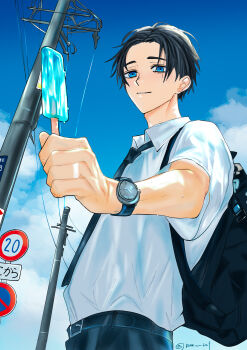 Rule 34 | 1boy, absurdres, adam's apple, backpack, bag, bee cut, belt, black bag, black belt, black necktie, black pants, blue sky, closed mouth, cloud, collared shirt, commentary request, food, highres, holding, holding food, holding ice cream, hot, ice cream, ice cream bar, jujutsu kaisen, looking at viewer, male focus, necktie, okkotsu yuuta, outdoors, pants, power lines, shirt, sky, solo, sweat, twitter username, utility pole, white shirt