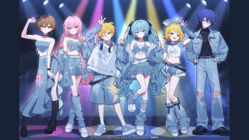 2boys 39culture 4girls :d ;d bandaid bandaid_on_face bandaid_on_nose belt black_belt black_choker black_shoes blonde_hair blue_bow blue_eyes blue_hair blue_jacket blue_leg_warmers blue_shirt blue_shorts blue_skirt bow choker closed_mouth commentary_request company_name copyright_notice crop_top full_body glasses grin hair_bow hair_ornament hatsune_miku headphones headphones_around_neck highres holding holding_removed_eyewear jacket kagamine_len kagamine_rin kaito_(vocaloid) leg_up leg_warmers long_hair megurine_luka meiko_(vocaloid) multiple_boys multiple_girls official_art one_eye_closed open_clothes open_jacket open_mouth pants pink_hair purple_eyes second-party_source shirt shoes shorts side_slit skirt smile socks standing star_(symbol) star_hair_ornament star_print teeth torn_clothes torn_pants twintails unworn_eyewear very_long_hair vocaloid waka_(wk4444) watermark web_address white_belt white_shoes white_socks