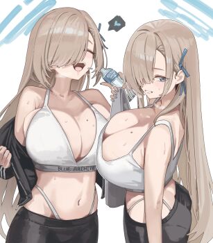 Rule 34 | 1girl, absurdres, ass, asuna (blue archive), black jacket, black pants, blue archive, blue eyes, blue halo, blue nails, blue ribbon, bottle, bra, breasts, brown hair, butt crack, cleavage, closed eyes, commentary, drinking, hair over one eye, hair ribbon, halo, heart, highleg, highleg panties, highres, holding, holding bottle, holding towel, jacket, jun daniell, long hair, long sleeves, looking at viewer, looking to the side, midriff, mole, mole on breast, multiple views, nail polish, navel, open clothes, open jacket, open mouth, panties, pants, pantylines, ribbon, simple background, solo, spoken heart, sports bra, towel, underwear, untranslatable commentary, very long hair, water bottle, white background, white panties, white sports bra