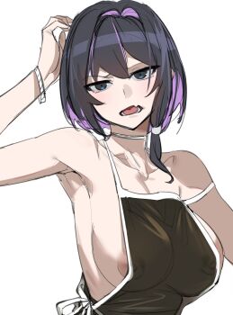 1girl apron areola_slip bare_shoulders black_apron black_hair blue_eyes blush bow_(bhp) breasts collarbone colored_inner_hair commentary covered_erect_nipples fang hair_intakes highres large_breasts looking_at_viewer lower_teeth_only medium_hair multicolored_hair naked_apron open_mouth original pink_hair sideboob simple_background skin_fang solo strap_slip streaked_hair symbol-only_commentary teeth two-tone_hair white_background wristband