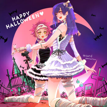 2girls armpit_peek asymmetrical_sidelocks bandaged_head bandaged_leg bandaged_neck bandaged_thigh bandages bare_shoulders bat_(animal) black_dress black_nails black_wrist_cuffs blush bow breasts brown_gloves church cleavage collar collared_dress crescent_moon d.gray-man detached_sleeves dress earrings feet_out_of_frame fence frilled_dress frills fur-trimmed_gloves fur-trimmed_wrist_cuffs fur_trim gloves gradient_sky grave graveyard hair_between_eyes hair_bow hair_over_shoulder hair_ribbon holding_hands house jewelry kneeling kozuuu legs lenalee_lee long_hair looking_at_viewer looking_back messy_hair moon multiple_girls one_side_up open_mouth pink_eyes pink_hair pink_moon pink_sky purple_hair purple_sky ribbon road_kamelot second-party_source short_dress short_hair sidelocks signature single_bare_arm single_detached_sleeve single_glove sky small_breasts smile spiked_hair stitched_arm stitched_fingers stitched_leg stitches stud_earrings thighs tombstone torn_clothes torn_gloves twitter_username water_drop white_bow white_collar white_dress white_ribbon white_sleeves wrist_cuffs yellow_eyes