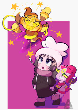 ! 1girl :o abisuabisu84 alternate_color ansha_(pokemon) arm_up black_coat blush blush_stickers boots bright_pupils brown_boots closed_mouth coat colored_sclera colored_teeth commentary_request eyelashes floating frown full_body gen_6_pokemon green_eyes grey_hair grin hat highres holding holding_jewelry holding_ring hoopa hoopa_(confined) horns jewelry legendary_pokemon long_sleeves mythical_pokemon nintendo open_mouth pink_scarf pokemon pokemon_(creature) pokemon_legends:_z-a purple_eyes rayman_limbs ring scarf shiny_pokemon simple_background smile sparkle standing star_(symbol) teeth white_hat white_pupils yellow_sclera yellow_teeth