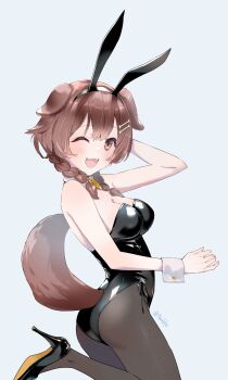 1girl ;3 ;d absurdres alternate_costume animal_ear_hairband animal_ears artist_name bare_shoulders black_leotard black_pantyhose bone_hair_ornament braid breasts brown_eyes brown_hair cleavage commentary_request cowboy_shot dog_ears dog_girl dog_tail fake_animal_ears grey_background hair_ornament hairband hand_up highres hololive inugami_korone leg_up leotard light_blush long_hair looking_at_viewer medium_breasts one_eye_closed open_mouth pantyhose playboy_bunny rabbit_ear_hairband rabbit_ears side-tie_leotard simple_background smile solo strapless strapless_leotard tail torokko twin_braids twitter_username virtual_youtuber white_wrist_cuffs wrist_cuffs