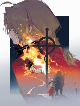 2boys alphonse_elric armor blonde_hair border braid brothers burning burning_building caley25364498 closed_mouth coat commentary edward_elric english_commentary fire full_armor fullmetal_alchemist highres house living_armor long_hair male_focus multiple_boys outside_border red_coat siblings single_braid sketch standing white_border