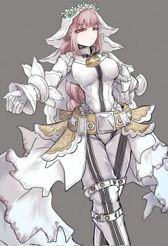 1girl belt bodysuit braid breasts bridal_veil chain cosplay fate/grand_order fate_(series) florence_nightingale_(fate) full-length_zipper gloves head_wreath highres large_breasts laurel_crown lock long_hair looking_at_viewer loose_belt nero_claudius_(bride)_(fate) nero_claudius_(bride)_(fate)_(cosplay) nero_claudius_(fate) padlock padlocked_collar pink_hair red_eyes solo tettsui_kusuru veil white_bodysuit white_gloves white_sleeves yellow_belt zipper