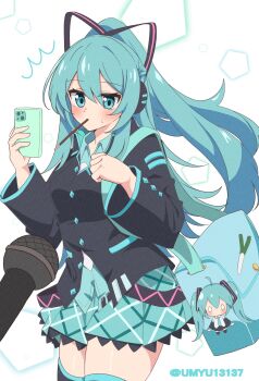 1girl ^^^ aqua_eyes aqua_hair aqua_skirt bag black_ribbon black_shirt blush cellphone charm_(object) commentary cowboy_shot food food_in_mouth hair_ribbon hatsune_miku hatsune_miku_(if) headphones high_ponytail highres holding holding_phone interview long_hair long_sleeves looking_at_viewer microphone miniskirt mouth_hold oyu_(umyu13137) phone plaid_clothes plaid_skirt pleated_skirt pocky pocky_in_mouth ponytail pov ribbon shirt shoulder_bag skindentation skirt smartphone solo spring_onion_print striped_ribbon sweat thighhighs twitter_username vocaloid zettai_ryouiki