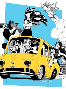 03_kyv animal_ear_fluff animal_ears anton_ivanov astra_yao belle_(zenless_zone_zero) belt billy_kid black_coat black_hair black_necktie black_pants black_shirt blue_background burger car chasing closed_eyes closed_mouth coat driving earrings eous_(zenless_zone_zero) food fox_ears fox_girl highres holding holding_sword holding_weapon hoshimi_miyabi jewelry ju_fufu katana komano_manato lighter_(zenless_zone_zero) long_hair looking_at_another looking_to_the_side looking_up monochrome motor_vehicle necktie open_mouth over_shoulder pants rocket rocket_launcher shirt short_hair smoke striped_fur striped_hair sunglasses sweatdrop sword tiger_ears tiger_girl tiger_stripes weapon weapon_over_shoulder white_shirt yellow_car zenless_zone_zero