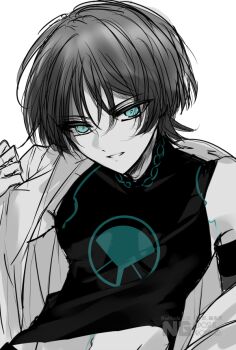 1boy aqua_eyes bishounen blunt_ends body_markings choppy_bangs clothes_lift commentary_request genshin_impact glowing_markings greyscale groin hand_up hhlxxm japanese_clothes kimono looking_at_viewer male_focus mandarin_collar monochrome navel open_clothes open_kimono open_mouth scaramouche_(genshin_impact) shirt shirt_lift sketch solo spot_color tsurime wanderer_(genshin_impact) watermark white_background